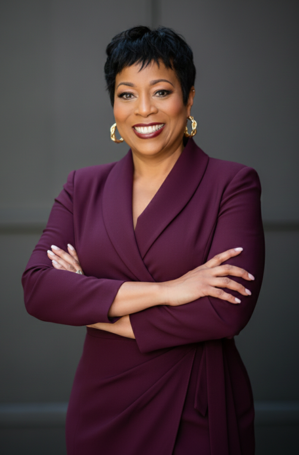 Dr. Linda Bing in a burgundy dress